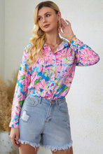 Load image into Gallery viewer, Pink Abstract Floral Print Notch V Neck Rolled Short Sleeve Blouse