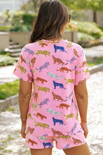 Load image into Gallery viewer, Pink Flower Print Short Sleeve High Waist Two Piece Shorts Set