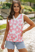 Load image into Gallery viewer, Pink Cute Flower Knitted V Neck Tank Top