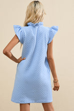 Load image into Gallery viewer, Light Blue Textured Puff Sleeve Ruffled V Neck Shift Mini Dress