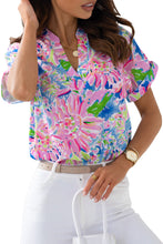 Load image into Gallery viewer, Pink Abstract Floral Print Notch V Neck Rolled Short Sleeve Blouse