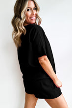 Load image into Gallery viewer, Black Casual Textured Tee and Drawstring Shorts Set