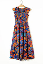Load image into Gallery viewer, Dark Blue Boho Floral V Neck Ruffle Tiered Long Dress