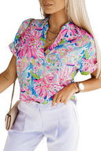 Load image into Gallery viewer, Pink Abstract Floral Print Notch V Neck Rolled Short Sleeve Blouse