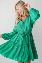 Load image into Gallery viewer, Sea Green Frilly V Neck Puff Sleeve Drawstring Shift Mini Dress