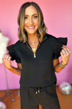 Load image into Gallery viewer, Black Textured Flutter Sleeve Top Wide Leg Pants Set