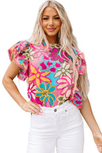 Load image into Gallery viewer, Multicolor Vibrant Floral Print Trimmed Ruffle Sleeve Blouse