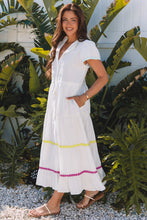 Load image into Gallery viewer, White Colorblock Rickrack Trim Short Sleeve Drawstring Waist Long Dress