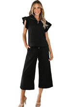 Load image into Gallery viewer, Black Textured Flutter Sleeve Top Wide Leg Pants Set