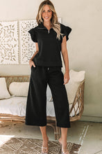 Load image into Gallery viewer, Black Textured Flutter Sleeve Top Wide Leg Pants Set