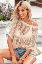 Load image into Gallery viewer, Apricot Fishnet Knit Ribbed Round Neck Short Sleeve Sweater Tee