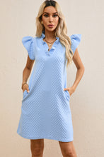 Load image into Gallery viewer, Light Blue Textured Puff Sleeve Ruffled V Neck Shift Mini Dress