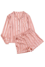Load image into Gallery viewer, Pink Striped Print Buttoned Shirt and Drawstring Shorts Lounge Set