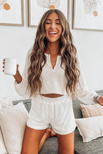 Load image into Gallery viewer, White Waffle Knit Buttoned Long Sleeve Crop and Shorts Lounge Set
