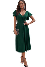 Load image into Gallery viewer, Green Ruffled Sleeve Wrap V Neck Midi Dress