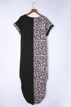 Load image into Gallery viewer, Black Contrast Solid Leopard Short Sleeve T-shirt Dress with Slits