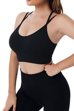 Load image into Gallery viewer, Black Ribbed Knit Strappy Back Sports Bra