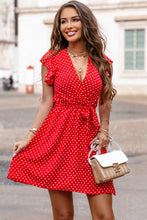 Load image into Gallery viewer, Red Polka Dot V Neck Ruffle Sleeve Dress