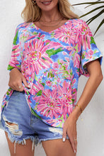 Load image into Gallery viewer, Pink Abstract Floral Print Notch V Neck Rolled Short Sleeve Blouse