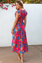 Load image into Gallery viewer, Rose Red Boho Floral V Neck Ruffle Tiered Long Dress