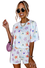 Load image into Gallery viewer, White Flower Print Short Sleeve High Waist Two Piece Shorts Set