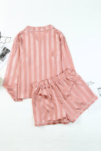 Load image into Gallery viewer, Pink Striped Print Buttoned Shirt and Drawstring Shorts Lounge Set