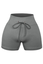 Load image into Gallery viewer, Black Solid Color Ribbed Drawstring Waist Yoga Shorts