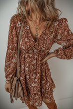 Load image into Gallery viewer, Brown Boho Floral Ruffled Puff Sleeve V Neck Mini Dress