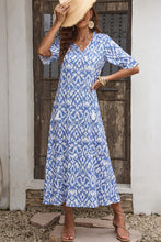 Load image into Gallery viewer, Sky Blue V Neck Casual Geometric Print Maxi Dress