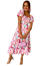 Load image into Gallery viewer, Pink Brush Stroke Printed Smocked Ruffle Tiered Dress