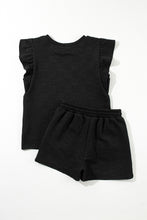 Load image into Gallery viewer, Black Textured Ruffled Sleeve Tee and Drawstring Shorts Set