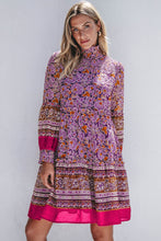 Load image into Gallery viewer, Purple Floral Smocked Puff Sleeve High Neck Mini Dress