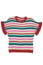 Load image into Gallery viewer, Fiery Red Trimmed Ruffle Sleeve Colorful Textured Sweater