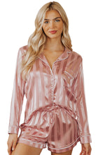 Load image into Gallery viewer, Pink Striped Print Buttoned Shirt and Drawstring Shorts Lounge Set
