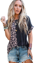 Load image into Gallery viewer, Black Contrast Solid Leopard Short Sleeve T-shirt Dress with Slits