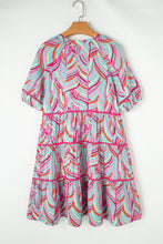 Load image into Gallery viewer, Light Blue Abstract Printed Ricrac Tiered Puff Sleeve Dress