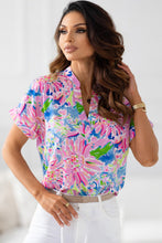 Load image into Gallery viewer, Pink Abstract Floral Print Notch V Neck Rolled Short Sleeve Blouse