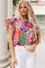 Load image into Gallery viewer, Multicolor Vibrant Floral Print Trimmed Ruffle Sleeve Blouse