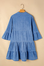 Load image into Gallery viewer, Sky Blue Chambray Ruffled 3/4 Sleeve Tiered Split V Neck Mini Dress