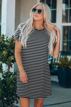 Load image into Gallery viewer, Black Striped T-shirt Mini Dress with Ruffled Sleeves