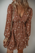 Load image into Gallery viewer, Brown Boho Floral Ruffled Puff Sleeve V Neck Mini Dress