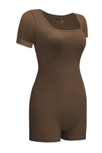 Load image into Gallery viewer, Black Ribbed Square Neck Short Sleeve Athleisure Romper