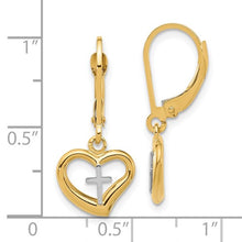 Load image into Gallery viewer, 14K Two tone Polished Cross in Heart Leverback Dangle Earring TF2362
