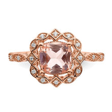 Load image into Gallery viewer, Blooming Bridal 14k Rose Gold Halo 7.00mm Cushion-cut Morganite and 1/15 carat Diamond Complete Engagement Ring
