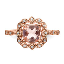 Load image into Gallery viewer, Blooming Bridal 14k Rose Gold Halo 7.00mm Cushion-cut Morganite and 1/15 carat Diamond Complete Engagement Ring