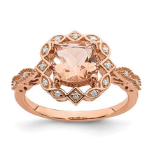 Load image into Gallery viewer, Blooming Bridal 14k Rose Gold Halo 7.00mm Cushion-cut Morganite and 1/15 carat Diamond Complete Engagement Ring
