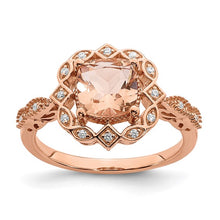 Load image into Gallery viewer, Blooming Bridal 14k Rose Gold Halo 7.00mm Cushion-cut Morganite and 1/15 carat Diamond Complete Engagement Ring