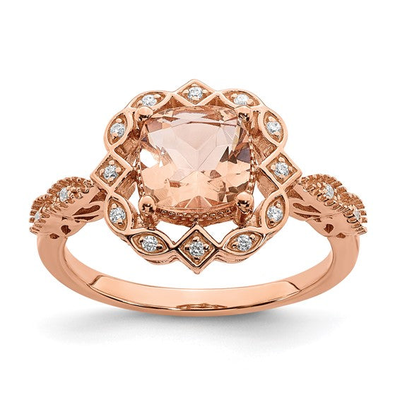 Blooming Bridal 14k Rose Gold Halo 7.00mm Cushion-cut Morganite and 1/15 carat Diamond Complete Engagement Ring