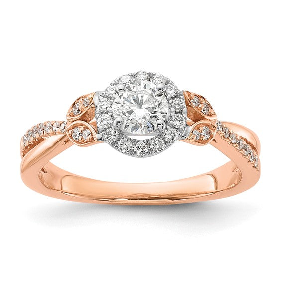 14k White and Rose Gold Round Halo Plus 5/8 carat Diamond Complete Engagement Ring