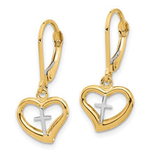 Load image into Gallery viewer, 14K Two tone Polished Cross in Heart Leverback Dangle Earring TF2362
